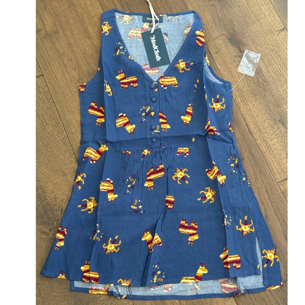 Modcloth Pinata Llama Sleeveless V-Neck Button Front Tunic Top Blue XXS NWT
